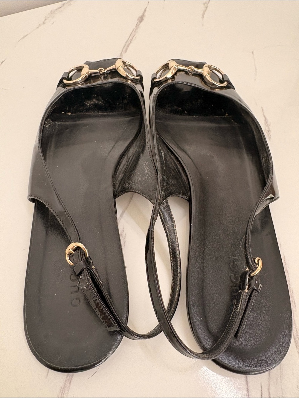 Gucci Black Patent Leather Peep-Toe Slingback Flats with Gold Horsebit - Picture 5 of 6